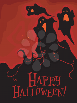 Royalty Free Clipart Image of a Ghost Silhouettes on a Red Halloween Greeting