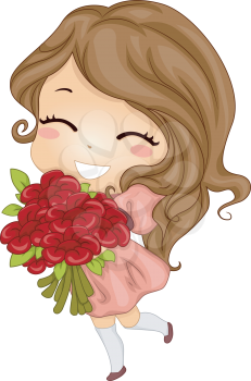 Royalty Free Clipart Image of a Girl With a Bouquet of Flowers