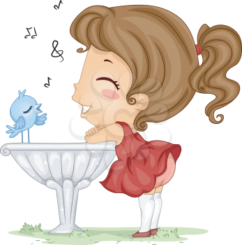 Royalty Free Clipart Image of a Girl Listening to a Bird Singing