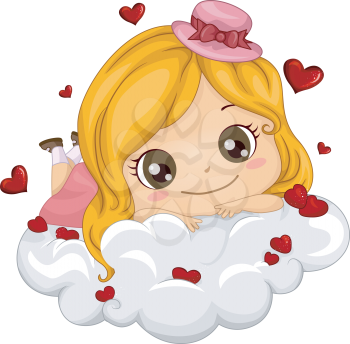 Royalty Free Clipart Image of a Girl Lying on Clouds With Hearts