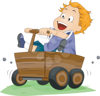 Royalty Free Clipart Image of a Boy in a Wooden Cart