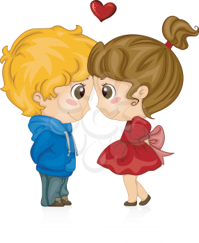 Royalty Free Clipart Image of a Boy and Girl Touching Foreheads With a Heart Over It