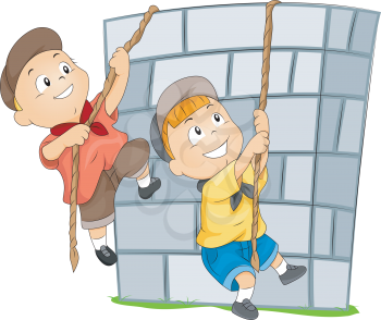 Royalty Free Clipart Image of Children Using a Rope to Climb a Wall