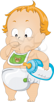 Royalty Free Clipart Image of a Baby With a Bottle Sucking His Thumb