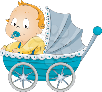 Royalty Free Clipart Image of a Baby Boy in a Buggy