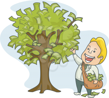Royalty Free Clipart Image of a Man Picking Money From a Tree