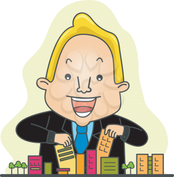Royalty Free Clipart Image of a Man With Little Buildings