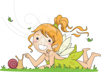 Royalty Free Clipart Image of a Fairy Playing With a Snail
