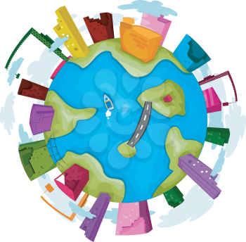 Royalty Free Clipart Image of a Globe With Industry Around It