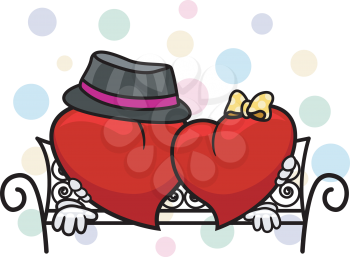 Royalty Free Clipart Image of a Pair of Hearts on a Date on a Park Bench