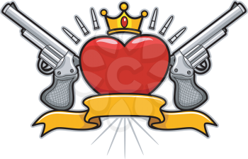 Royalty Free Clipart Image of a Heart With a Crown, Guns, Bullets and a Banner