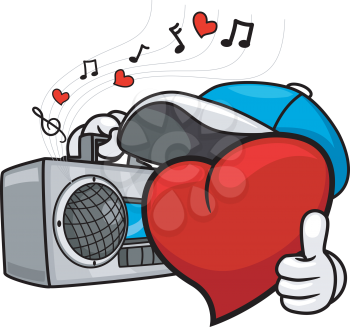 Royalty Free Clipart Image of a Heart Listening to a Radio Giving a Thumbs Up