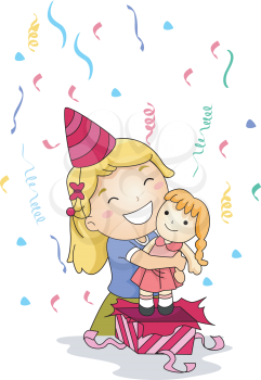 Royalty Free Clipart Image of a Little Girl Opening a Gift and Hugging the Doll