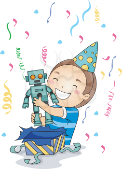 Royalty Free Clipart Image of a Little Boy in a Party Hat Hugging a Robot Gift