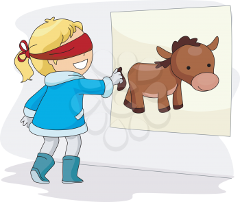 Royalty Free Clipart Image of a Blindfolded Girl Playing Pin the Tail on the Donkey