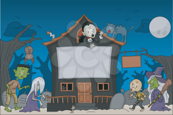 Royalty Free Clipart Image of a Halloween Scene With Traditional Characters