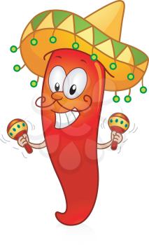 Royalty Free Clipart Image of a Chili With a Sombrero With Maracas