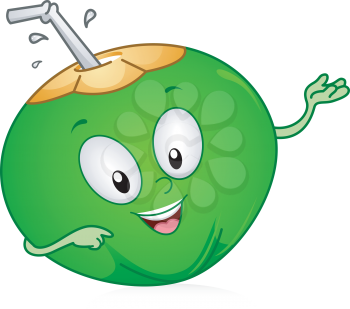 Royalty Free Clipart Image of a Green Cartoon Coconut With a Straw