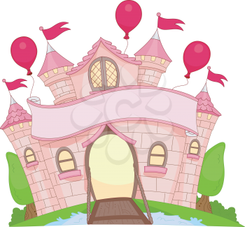 Royalty Free Clipart Image of a Castle With Balloons