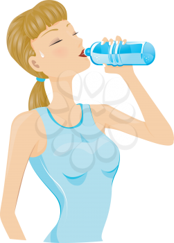 Royalty Free Clipart Image of a Girl Drinking a Bottle of Water