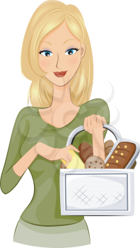 Royalty Free Clipart Image of a Girl With a Basket of Bread
