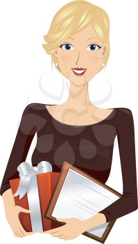 Royalty Free Clipart Image of a Girl Holding a Gift and a Certificate