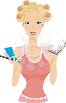 Royalty Free Clipart Image of a Girl With Her Hair in Rollers Holding a Calculator and Notepad