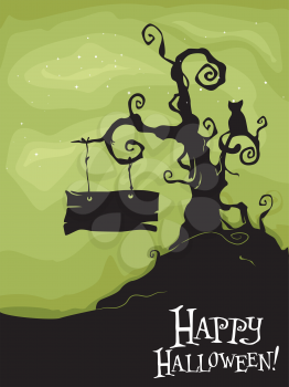 Royalty Free Clipart Image of a Halloween Greeting With a Spooky Tree