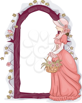 Royalty Free Clipart Image of a Floral Frame Featuring a Woman in a Gown Carrying Flowers