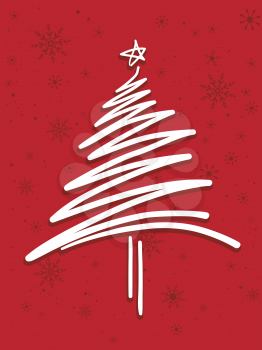 Royalty Free Clipart Image of a Red Background and a Scribbled Christmas Tree