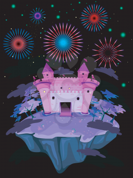 Royalty Free Clipart Image of a Castle and Fireworks