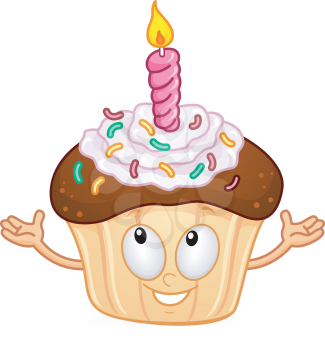 Royalty Free Clipart Image of a Cupcake With a Birthday Candle