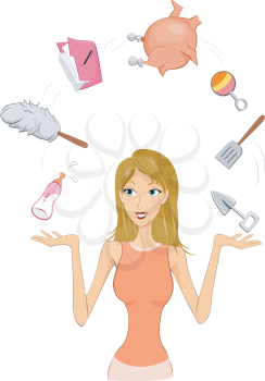 Royalty Free Clipart Image of a Woman Juggling Different Household Items