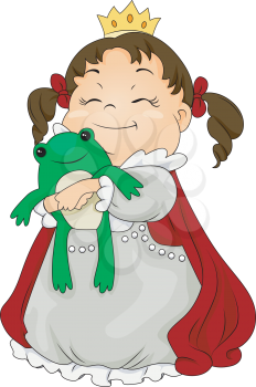 Royalty Free Clipart Image of a Child Dressed as a Princess Holding a Frog