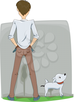 Royalty Free Clipart Image of a Man and a Dog Urinating Against a Wall
