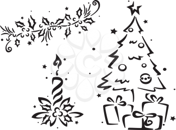 Royalty Free Clipart Image of a Christmas Tree, Candle and Ivy