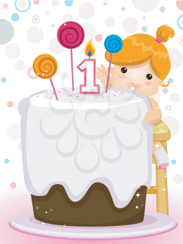 Royalty Free Clipart Image of a Child With a Huge Cake