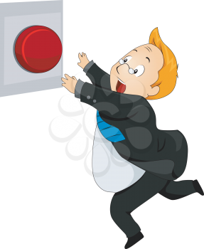 Royalty Free Clipart Image of a Man Running to a Panic Button