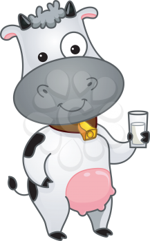 Royalty Free Clipart Image of a Cow With a Glass of Milk