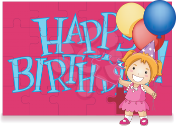 Royalty Free Clipart Image of a Happy Birthday Greeting With Balloons and a Girl Arranging a Jigsaw Puzzle
