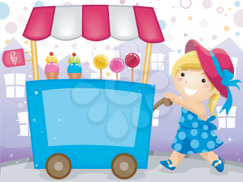 Royalty Free Clipart Image of a Girl Pushing a Cart With Ice Cream and Candy