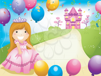 Royalty Free Clipart Image of a Little Princes on a Path With Balloons in Front of a Castle
