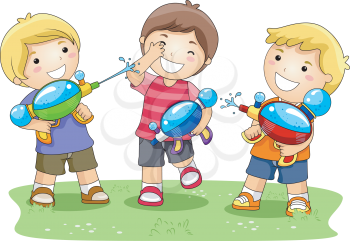 Royalty Free Clipart Image of Three Boys With Water Guns