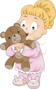 Royalty Free Clipart Image of a Little Girl in Bunny Slippers Hugging a Teddy Bear