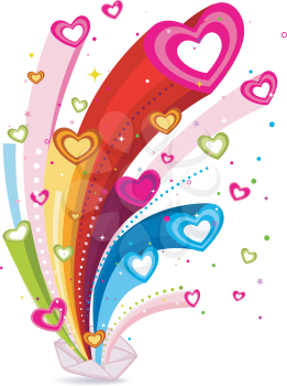 Royalty Free Clipart Image of Rainbow Hearts Coming From an Envelope