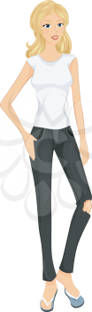 Royalty Free Clipart Image of a Woman Wearing Jeans With a Torn Knee