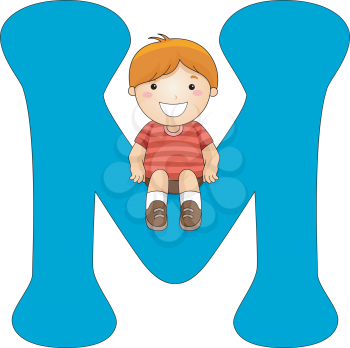 Illustration of a Little Boy Sitting on a Letter M