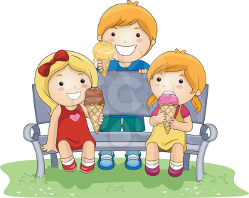 Royalty Free Clipart Image of Three Children With Ice Cream Cones