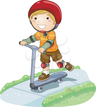 Royalty Free Clipart Image of a Boy on a Scooter