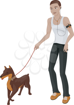 Royalty Free Clipart Image of a Young Man Walking a Dog